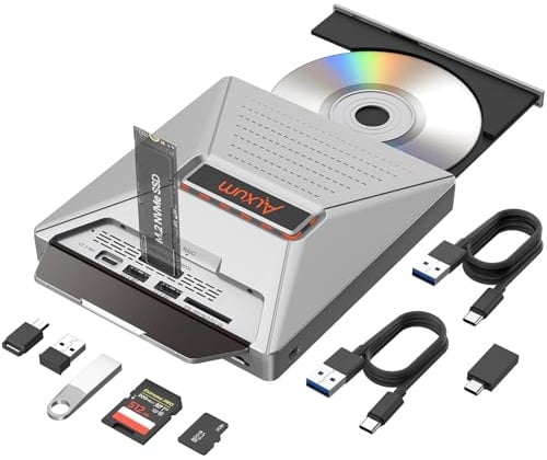 Alxum Lettore DVD- Masterizzatore CD Esterno USB 3.2 con Slot M.2 e SD/Micro SD – Tutto-in-Uno da 10 Gbps per Windows, PC, Mac, Linux – Plug & Play (Grigio ABS)