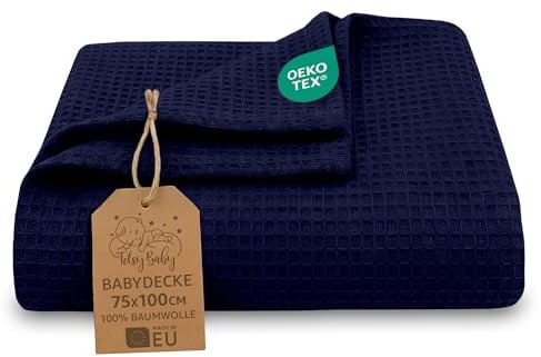 Waffeldecke Baby Ganzjahresdecke Babydecke 75x100 cm - Kinder Baumwoll Waffelpiqué atmungsaktiv leichte Übergangsdecke Decke – Kinderwagendecke Tagesdecke Neugeborene Oeko-Tex Marineblau