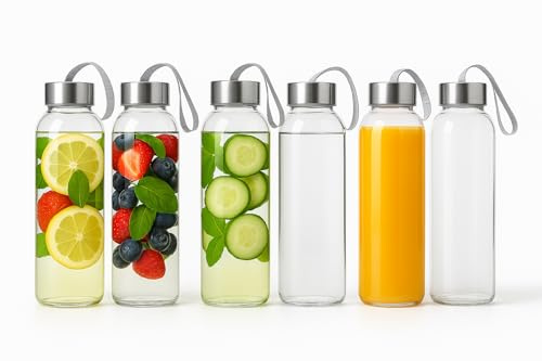 Set of 6 Glass Water Bottles – 500 ml Reusable Clear Glass Bottles with Leak-Proof Stainless-Steel Lids & Carry Straps – Ideal for Water, Juice & Fruit-Infused Drinks – Durable, Refillable & Minimalis