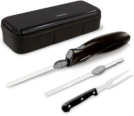 OVENTE Electric Knife Set with Two Serrated Stainless Steel Blades, Carving Fork, Storage Case, Safety Lock Button and Ergonomic Handle for Slicing Meat, Bread, Poultry, Fish and More, Black EK0813B