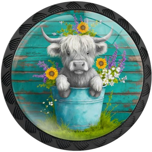 Artinhand 4 Pack Highland Cow Cabinet Knobs for Kitchen Bathroom | Vintage Drawer Pulls Round Black Dresser Handles Hardware for Desk Cupboard Wardrobe Closet Vanity Door Decor