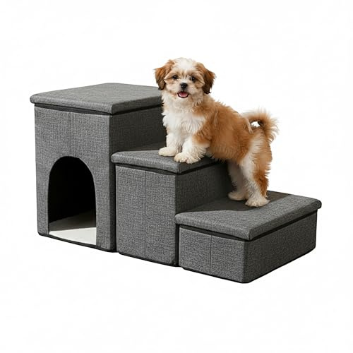 Relaxdays Hundetreppe, 3 Stufen, Höhle & Stauraum, HxBxT: 43 x 75 x 33 cm, faltbar, Hunderampe Bett & Sofa, dunkelgrau