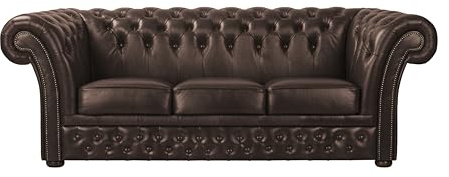 ROYALSOFA Sofa Chesterfield Hampton 3-Sitzer, Ledersofa mit Knopfheftung, Holzrahmen & Gepolsterten Armlehnen, Pflegeleichte Couch, Loungesofa für Wohnzimmer, Büro, Praxis, Kanzlei & Hotel, Braun