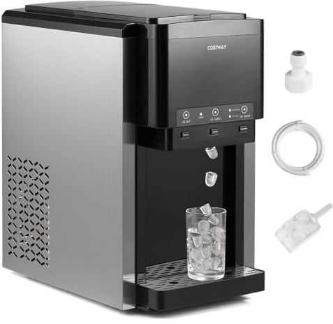 COSTWAY 3-in-1 Ice Maker with Ice Crusher and Water Dispenser, Bullet Ice Cube Maker Machine, 20KG in 24Hrs, 12 Cubes in 9 Mins, Manual/Auto Add Water, Countertop Water Cooler Dispenser