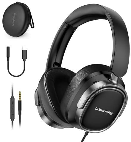 URBAN SWING W70 Kabelgebundene Kopfhörer Over-Ear-Headset mit Mikrofon, 3,5-mm-Klinkenstecker plus USB-C-Adapter und Hartschalen-Reiseetui, 1,5 m extra langes, geflochtenes Kabel für Smartphone/Tablet