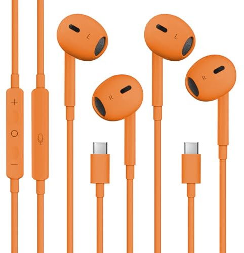 2 Packs USB C Headphones for iPhone 17/16/15, Noise Reduction Built-in Mic & Volume Control Headsets, Type C Earphones for Galaxy S24/S23/S22/S21/S20/Ultra Note 10/20, for Pixel 8/7~4, Cosmic Orange
