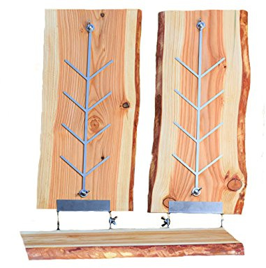 Flammlachsbrett Lärche 2er Set, inkl. Servierbrett & Edelstahl | Flammlachsbrett für Feuerschale & Kugelgrill - Inkl. Edelstahlhalterung und Servierbrett - Made in Germany