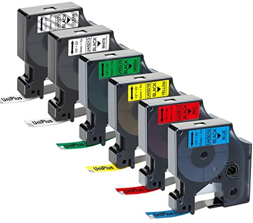 UniPlus Compatible Label Tape Replacement for D1 45013 45010 45018 45016 45017 45019 12mm 0.47 Labeling Cassete 12mm x 7m Work with LabelManager 160 280 420P Pnp LabelPoint 150 250, 6-Pack