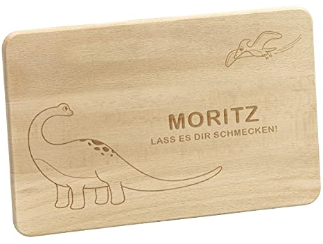 LAUBLUST Frühstücksbrettchen Kinder - Personalisiert mit Gravur - Dino Motiv - Geschenk Brettchen 24x15cm, Holz FSC®