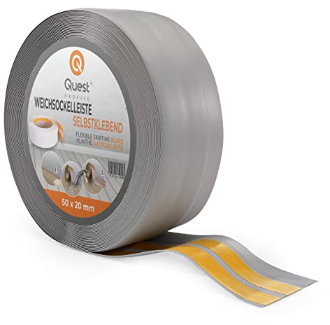 Quest Weichsockelleiste Selbstklebend - 50 mm x 20 mm - Sockelleiste PVC, Flexible Abschlussleiste, Knickleiste für Küche, Badezimmer, Wand, Boden - Dekorativ, UV-Beständig - 15 Meter, Grau