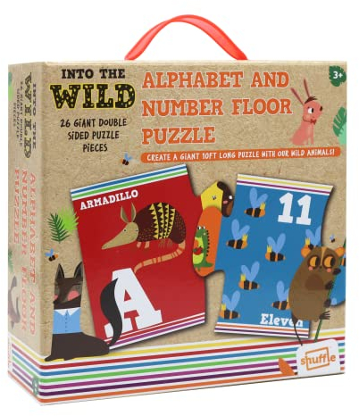Shuffle 130012329 Into The Wild – Alphabet & Zahlen Bodenpuzzle, 26 doppelseitige Puzzles, tolles Geschenk für Kinder ab 3 Jahren, Mehrfarbig
