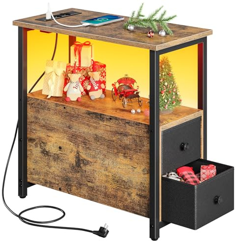 Rolanstar Beistelltisch mit LED-Beleuchtung, Nachttisch mit 2 Schubladen, USB-Anschluss & versteckter Steckdose, Sofatisch für Schlafzimmer und Wohnzimmer, (Vintagebraun)