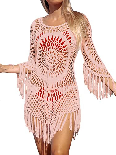 CUPSHE Women's Cover Up White Crochet Hollow Out Tassel Swimsuit Three Quarter Sleeve Salmon S