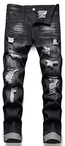 AITITIA Men's Ripped Regular Fit Jeans, 337 Black, 40