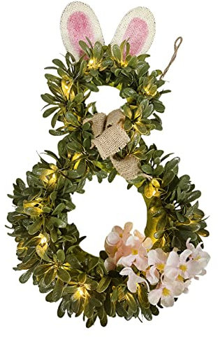 HUIKJI 16,9 Zoll beleuchteter Hasenkranz Osterkranz für Haustür Faux Buchsbaum Kranz mit Licht für Home Wall Decor, Kaninchen Girlande mit Blumen Bogen