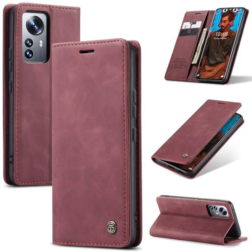 SLWYF Coque pour Xiaomi 12 Pro, Etui Protection Housse Premium en Cuir PU, Pochette Fermeture Magnétique [Fentes pour Cartes] Flip Case Compatible avec Xiaomi 12 Pro, Rouge