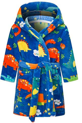 Baogaier Bathrobe Hooded Boys Dinosaur Blue Dressing Gown Flannel Bath Robe with Hood Lightweight Pyjama Animal Pattern Nightwear Sleepwear Unisex Kids Age 3-4 years