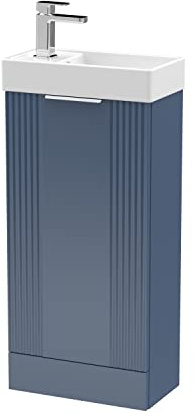 nuie FLT320 Deco Compact Modern Bathroom Floor Standing Part Fluted 1 Door Slimline Vanity Basin Unit with Ceramic Basin, 400mm, Satin Blue