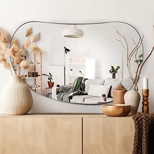 3J Group Irregular Mirror, Asymmetrical Wall Mirror Iron Framed with Pebble Design, Unique Irregular Mirror for Wall Decor, Large 35 x 21.5 Inches Wavy Mirror