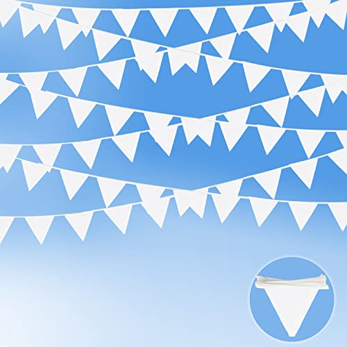12M Wimpelkette Outdoor, Stoff Wimpelkette Weiß, Wimpel Girlande mit 50 STK Weiß Wimpeln, Wimpelkette Draußen Outdoor Dekoration, Wimpelkette für Geburtstagsparty, Hochzeit, Party