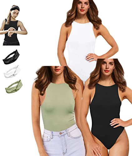Y WJing Yi Jia 3PCS Womens Sleeveless Crew Neck Bodysuit With Thong Halter Tank Tops Shaping Bodysuits Sexy Shapewear Leotard Jumpsuits Top