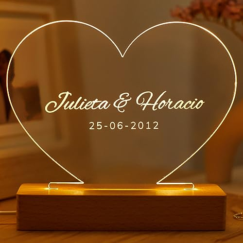 Transparent Gift Lámpara Personalizada con Nombres y Fecha Corazón. Regalos Originales para Aniversario. Regalos para San Valentín, Bodas, Cumpleaños. Luz LED para Decoración