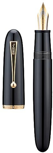 Jinhao 9019 Acrylic Fountain Pen, Size 8 Extra Fine Nib with Ink Converter, Piano Black Classic Design Smooth Writing Pen (Gold Trim)