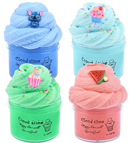 Cloud Slime Kit 4 Pack, Scented Slime with Cute Slime Fun Charms, Soft & Non-Sticky, DIY Stress Relief Toys for Girls Boys Kids