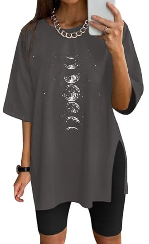 Eunike Oversize Shirt Damen Lange Tshirt Kurzarm Sportshirt Lockere Oberteile Sommer Funktionsshirt Tunika mit Schlitzen Schlitz-Mond XL