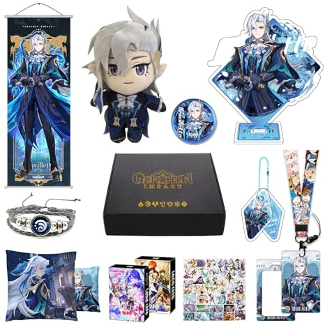 Genshin Impact Box Geschenkbox Merch Set mit 11 Geschenk, Wanderer Cyno Xiao All 5 Stars Characters Plush Poster Acrylic Stand Aufkleber Set, Sammlung für Traveller Fans (Neuvillette)