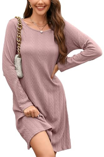 STYLEWORD Robe Pull Femme Manches Longues Col Rond T Shirt Robes Robe Tricotée Côtelée Robe Tunique Couleur Unie Décontractée(Rose foncé,XXL)