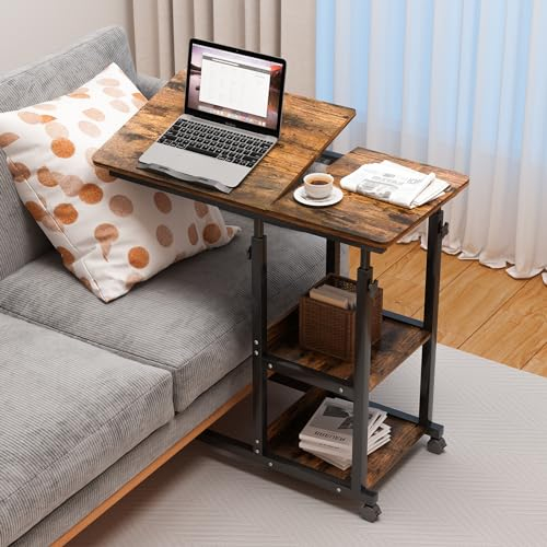 PIPIPOXER Beistelltisch Computertisch mit Steckdose und Rollen Laptoptisch, Höhenverstellbar Schreibtisch aus Holz mit 80x40cm Tischplatte und 4 drehbare 360° Räder für Computer,Laptop,Schlafzimmer