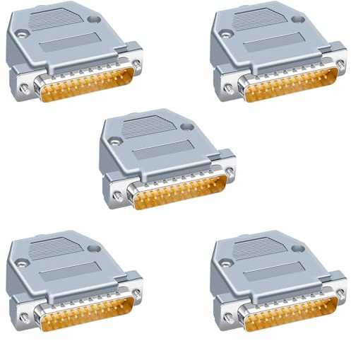 Harrisen 5 Stücke DB25 RS232 D-SUB Serielle Lötbecher Steckverbinder Kit,Vergoldet Gelenke RS232 Serienlötart 25-Pin D Sub Koppler mit Kunststoffhauben,Zugentlastung Tülle und Schrauben (stecker)