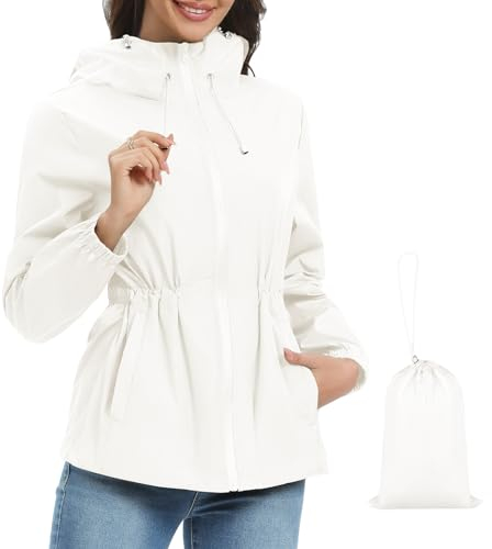 Vijamiy Vêtements Imperméables Femme Léger Veste de Pluie Manteaux Imperméables Coupe Vent Femme Impermeable Avec Capuche et Poches Veste Respirant D'extérieur Trench Coat(Blanc,XL)