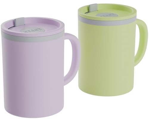Copco Insulated Coffee Mug with Lid and Handle, 16oz Tumbler, Double Wall To-Go Cup, for Travel, Office, School, Camping, BPA-Free Reusable Plastic, Iconic Set of 2, Purple/Yellow