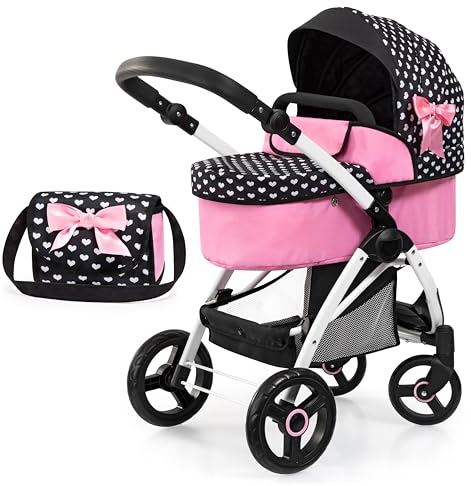 Bayer Design 17560AAPuppenwagen City Max mit Tasche, höhenverstellbar, schwenkbare Vorderräder, wandelbar als Jogger, integrierter Korb, Schwarz, Rosa