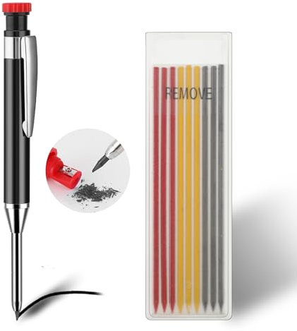 Amabro Crayons de charpentier mécaniques avec 9 recharges, crayons de travail du bois solides avec taille-crayon intégré, marquage de trous profonds, outils de crayon automatiques, graveur robuste po