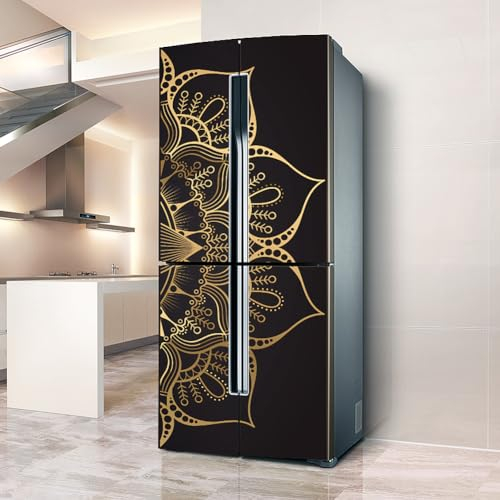 Targawerelax Fridge Wraps Kitchen Fridge Stickers Cover Full Doors, Black Gold Mandala Flower, Vinyl, Wall, Rectangular, Bohemian, Indoor, Decorative Sticker