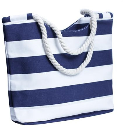 Grande corde de chanvre rayée ancre gouvernail plage toile fourre-tout shopping sac à main fermeture éclair, bleu marine, Large