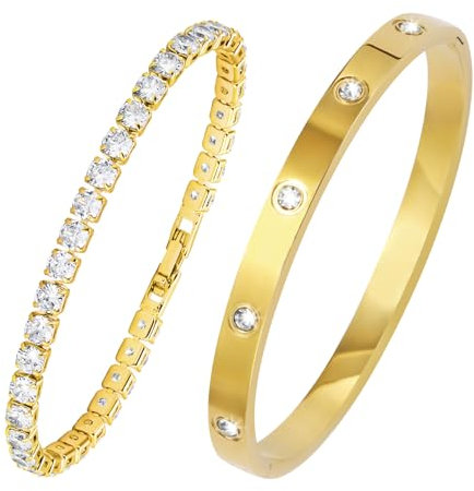 MILAKOO Tennisarmband Armreif Set für Frauen Damen Zirkonia Armreif Titanstahl Armband Set 17CM Freundschaft Armbänder Gold