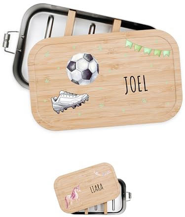 Bärenfreunde® - Personalisierte Brotdose für Kinder mit Spezial-Druck - Robuste Edelstahl Brotdose - Personalisierte Geschenke für Kinder & Erwachsene (Fußball Girlande,klein Weißblech)
