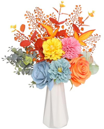 Tifuly Artificial Fake Flowers in Vase,Orange Roses Autumn Artificial Flowers with Vase,Silk Flowers Bouquet for Table Centrepiece Home Office Wedding Decoration