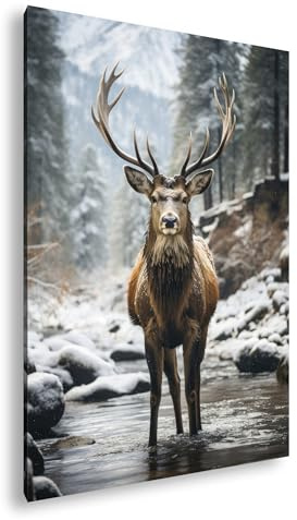 Leinwandbild Majestätischer Hirsch in winterlicher Flusslandschaft Format: 100x70 cm XXL Kunstdruck Bild auf Keilrahmen/Wandbild/Wohnzimmer Deko