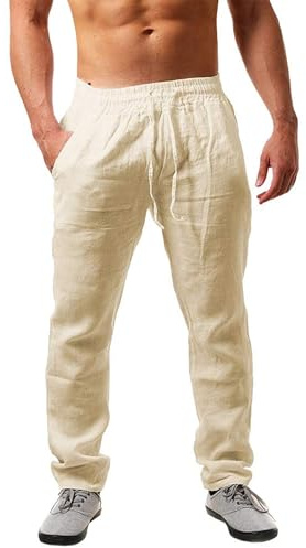 NEMXCE Leinenhose Herren Lang Leichte Sommerhose Herren Loose Fit Freizeithose mit Taschen Kordelzug für Urlaub Strand Yoga Alltag