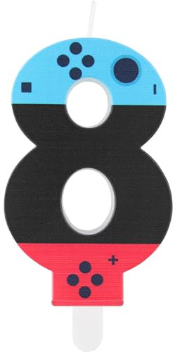 Bougie d'anniversaire à motif manette de jeu, bougie de 8e anniversaire pour garçons et filles, bleu et rouge, décoration de gâteau pour décorations d'anniversaire, fournitures de fête sur le thème du