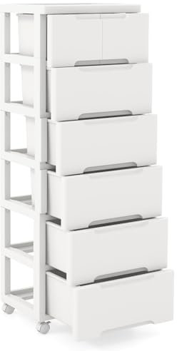CASART Chest of Drawers, 4/5/6 Tiers Mobile Storage Dresser Cabinet Tower Unit with Wheels, Plastic Storage Chest Utility Storage Drawers for Bedroom Living Room Kitchen Bathroom (6-Tier)