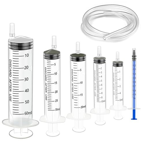 6pc Syringe Kit - 1ml, 5ml, 10ml, 20ml, 30ml, 60ml Plastic Syringes with Caps for Measuring Liquids in Science Labs, Plant Watering, Pet Feeding