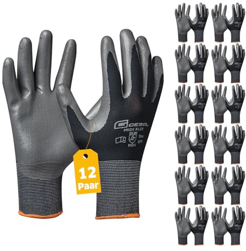 Gebol Midi Flex, 12 Paar Arbeitshandschuhe Herren, Nitril-beschichtete Montagehandschuhe für Nass- & Ölarbeiten, rutschfeste Handschuhe für Werkstatt & Garten, Gr. XL (Gr.10), Schwarz