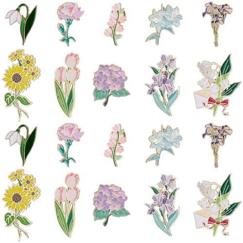 SUNNYCLUE 20 Stück 10 Stile Blumen Emaille Anstecknadeln Blumenbrosche Metalllegierung Cartoon Pflanzen Blumen Sonnenblume Tulpe Orchidee Reversbroschen Für DIY Abzeichen Kleidung Jacken Taschen Deko