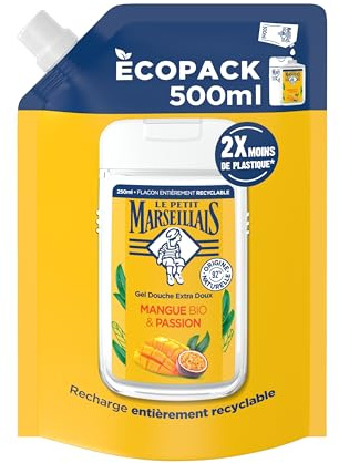 Le Petit Marseillais | Recharge Gel Douche Extra Doux Mangue Bio & Passion (écopack de 500 ml) – Gel douche avec 92% d'ingrédients d'origine naturelle – Emballage entièrement recyclable